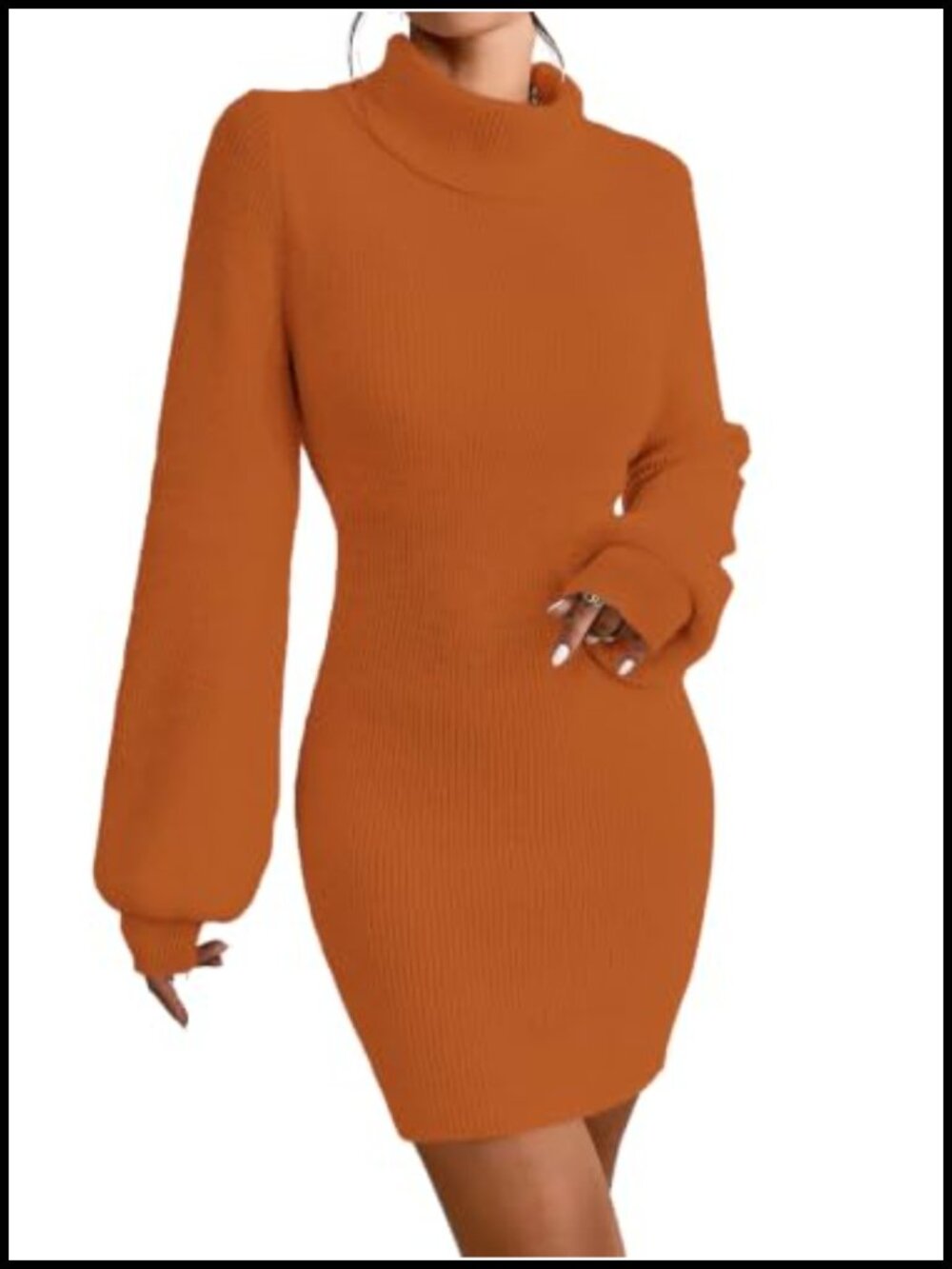 Turtleneck Sweater Dress Knit Mini Bodycon Lantern Sleeve